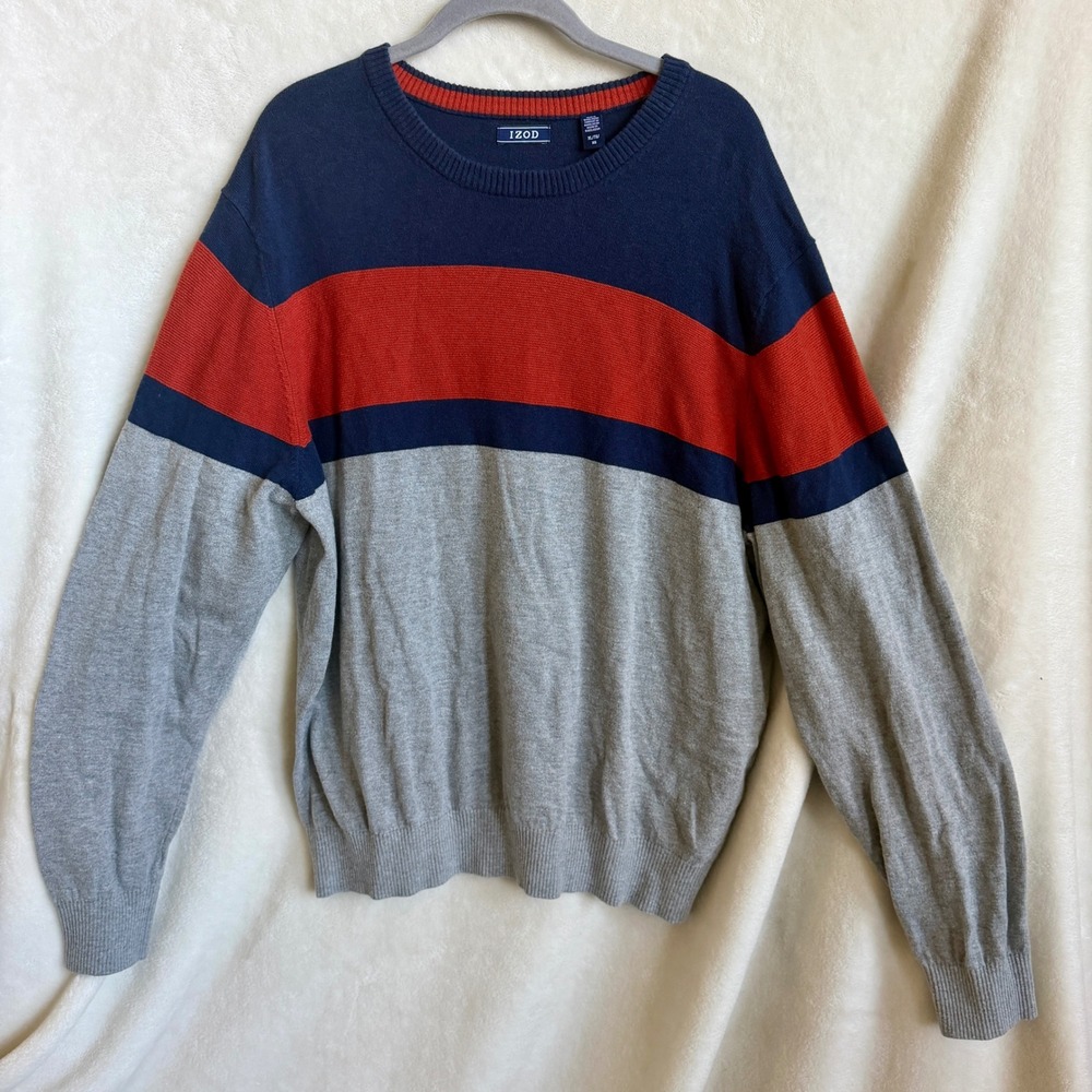Izod Mens Colorblock Crewneck Sweater Size XL Navy Rust Gray Cotton Knit Top